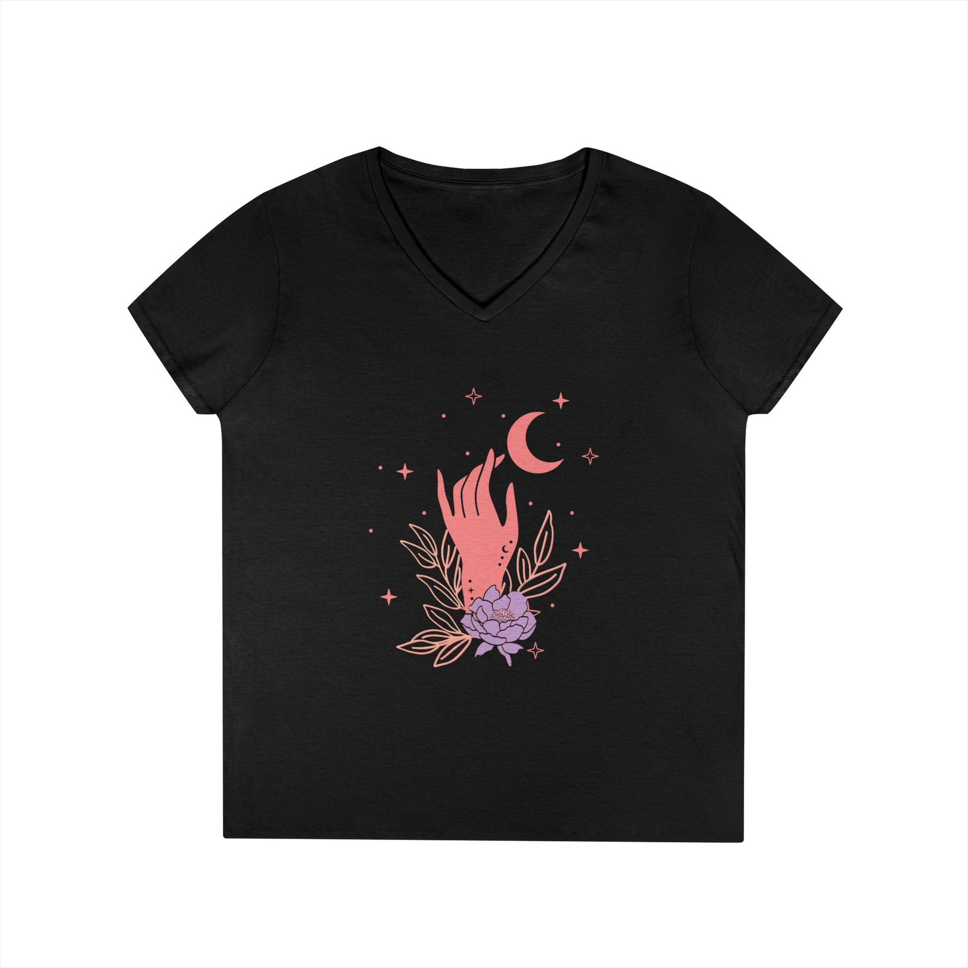 Mystical Floral Hand V-Neck Tee with Crescent Moon & Lavender Moonflower Illustration Printify