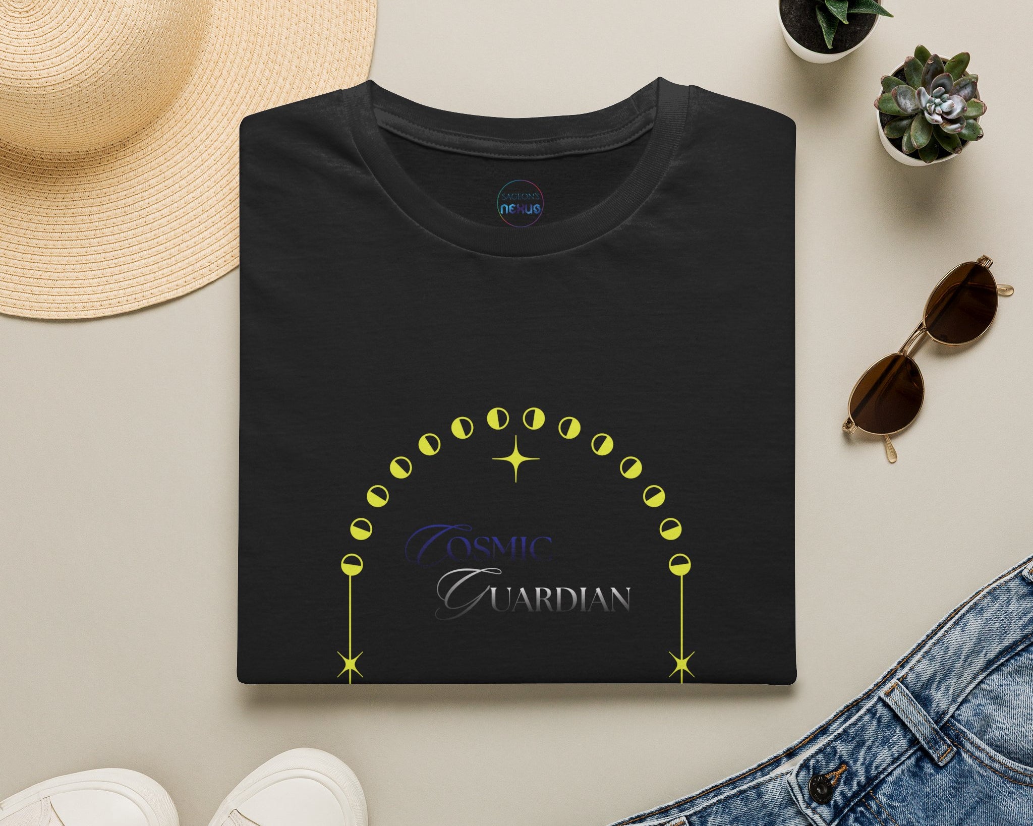 Cosmic Guardian T-Shirt — Mystical Cat Moon Phase Tee