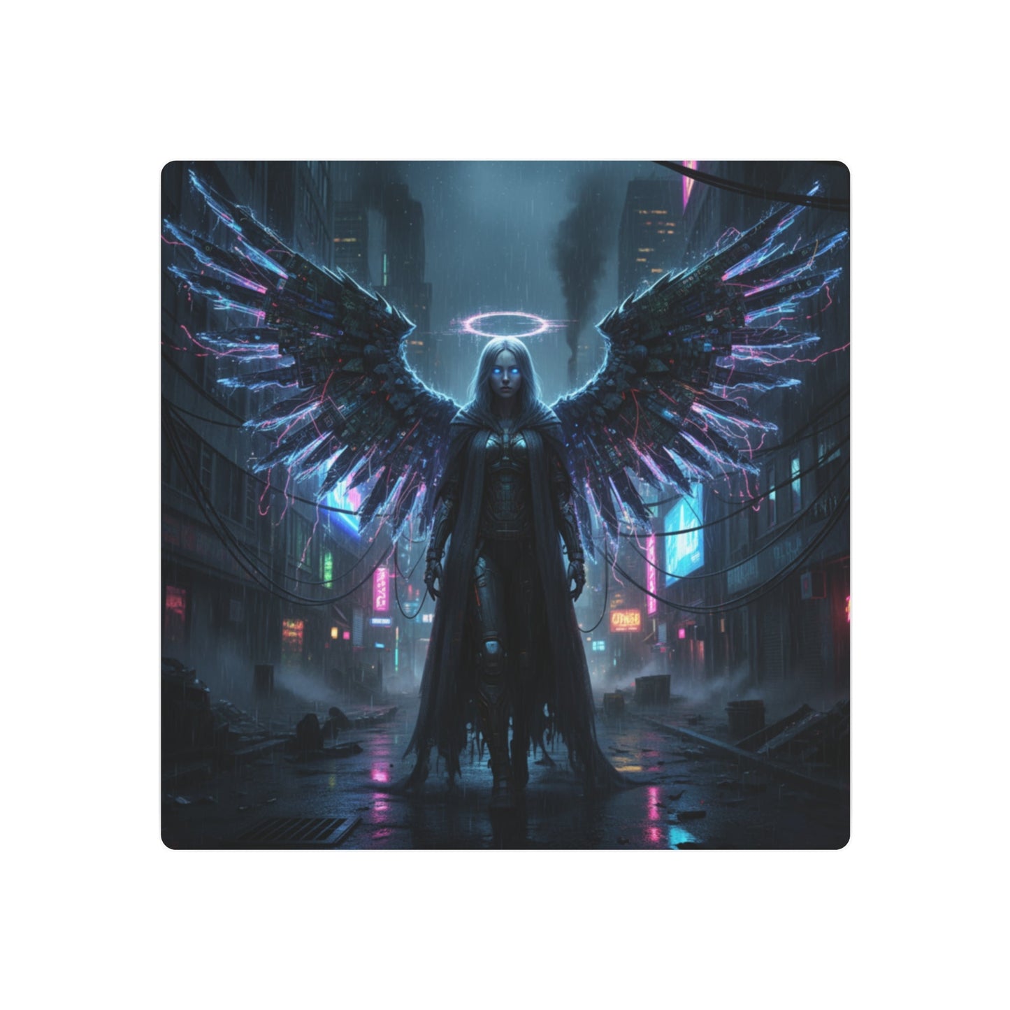 Neon Fallen Angel Metal Art Sign | Cyberpunk Winged Figure Printify