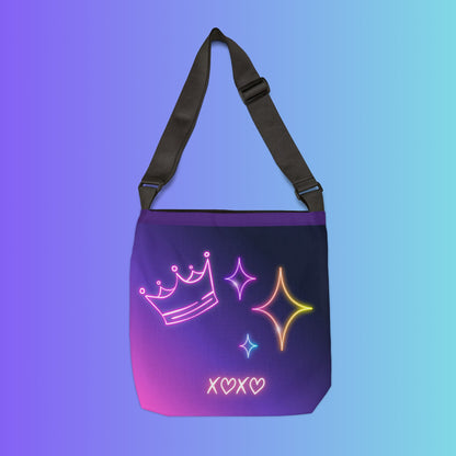 Neon Aesthetic Graphic Adjustable Tote Bag | Vaporwave Crown Stars Love Icons Printify