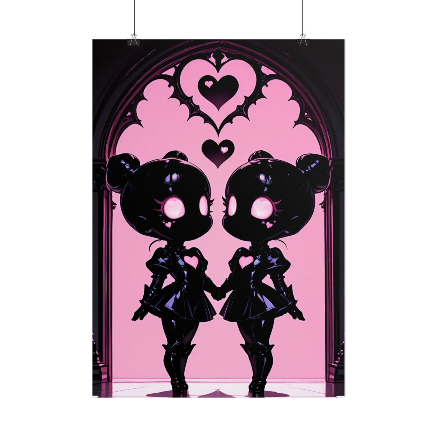 Rolled Poster, Gothic Kawaii Twin Dolls Pink Heart Art Print Printify