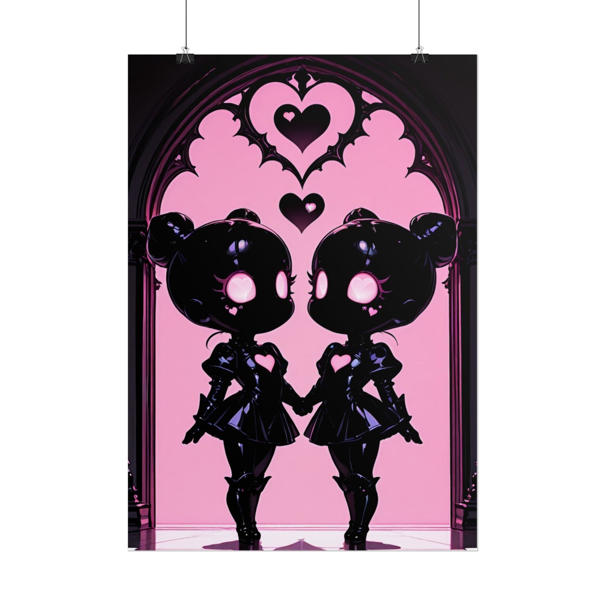 Rolled Poster, Gothic Kawaii Twin Dolls Pink Heart Art Print Printify