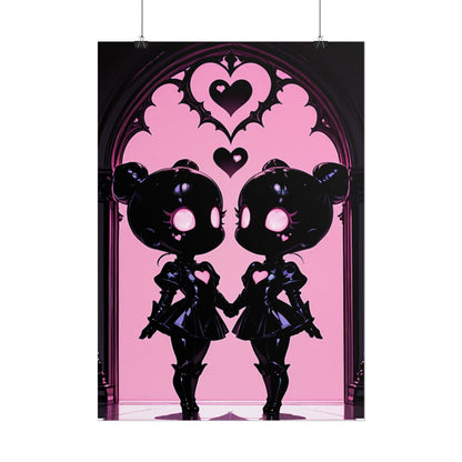 Rolled Poster, Gothic Kawaii Twin Dolls Pink Heart Art Print Printify