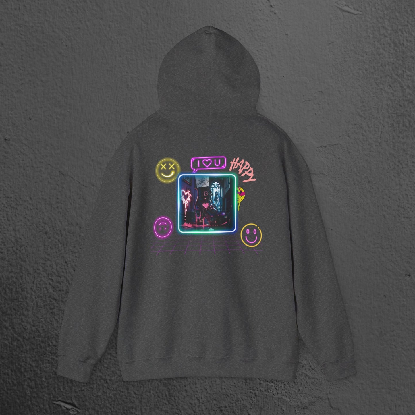 Neon Smiley Face Collage Hoodie Printify