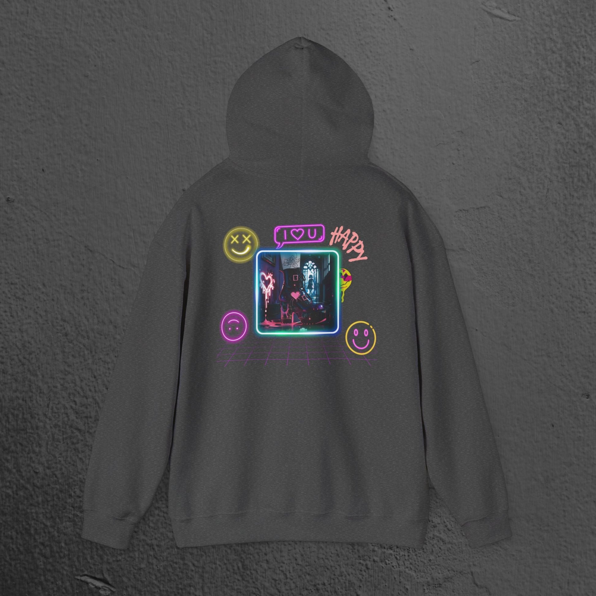 Neon Smiley Face Collage Hoodie Printify