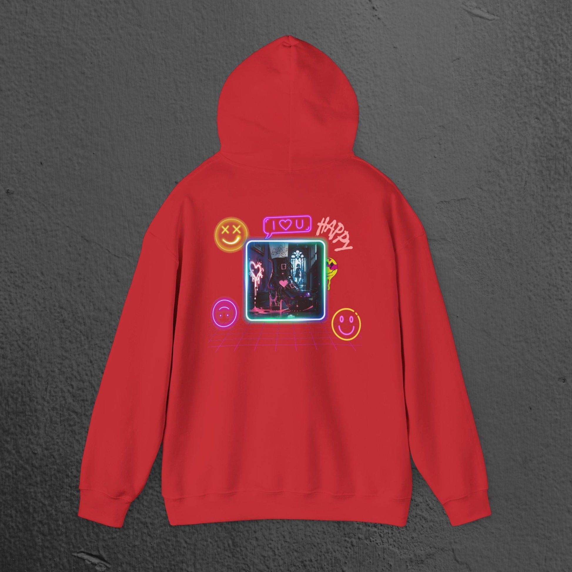 Neon Smiley Face Collage Hoodie Printify