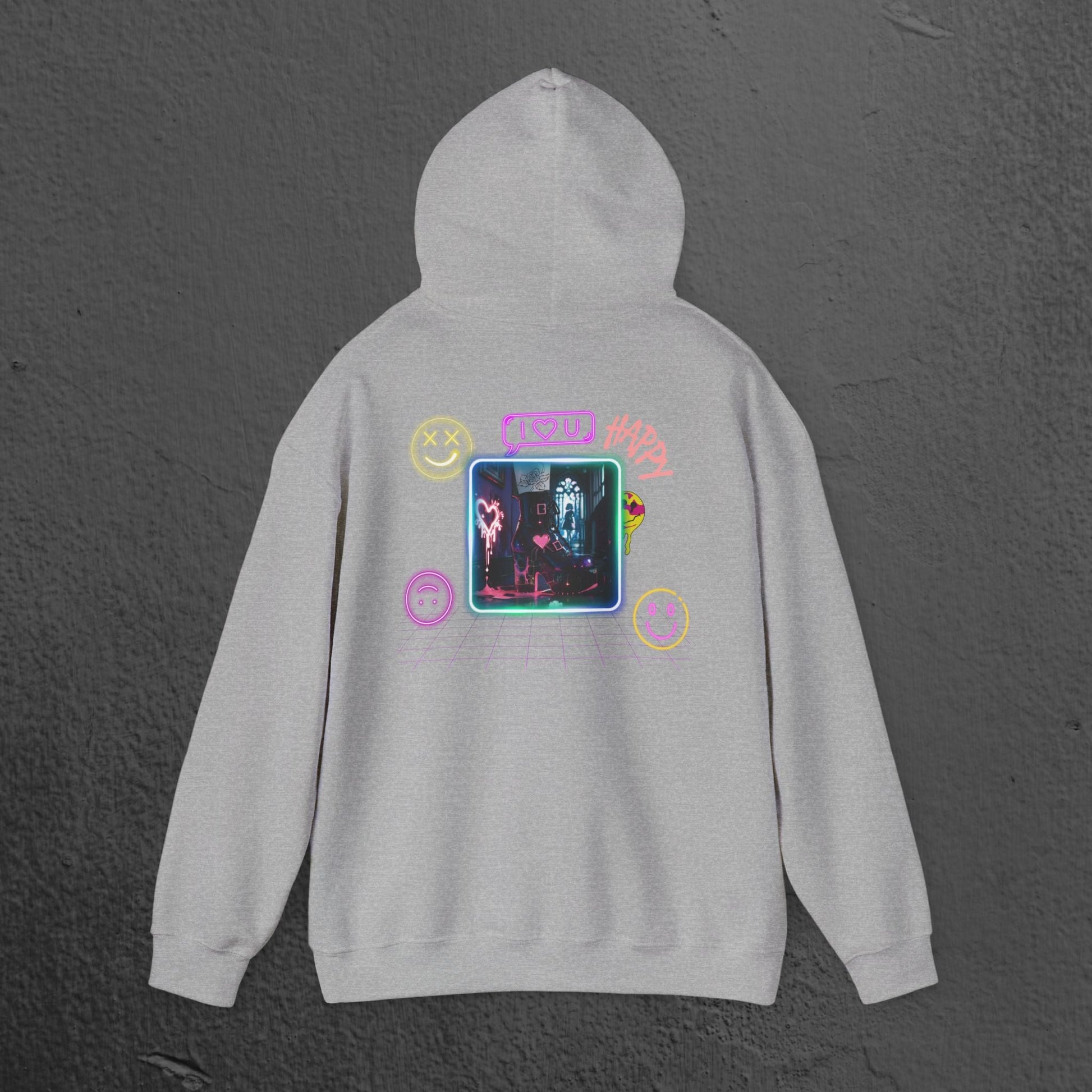 Neon Smiley Face Collage Hoodie Printify