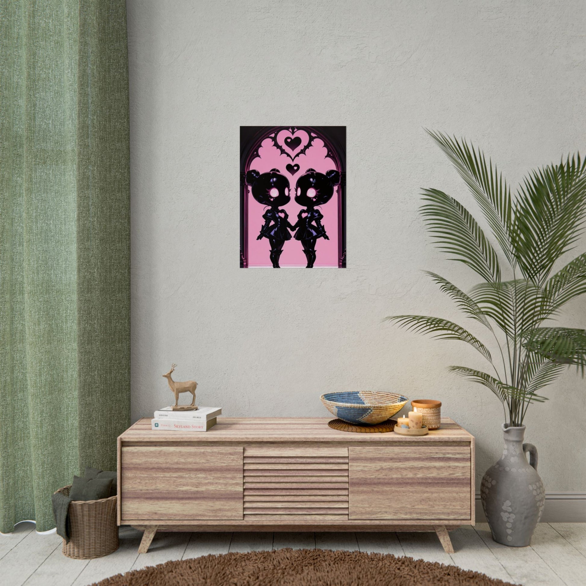 Rolled Poster, Gothic Kawaii Twin Dolls Pink Heart Art Print Printify