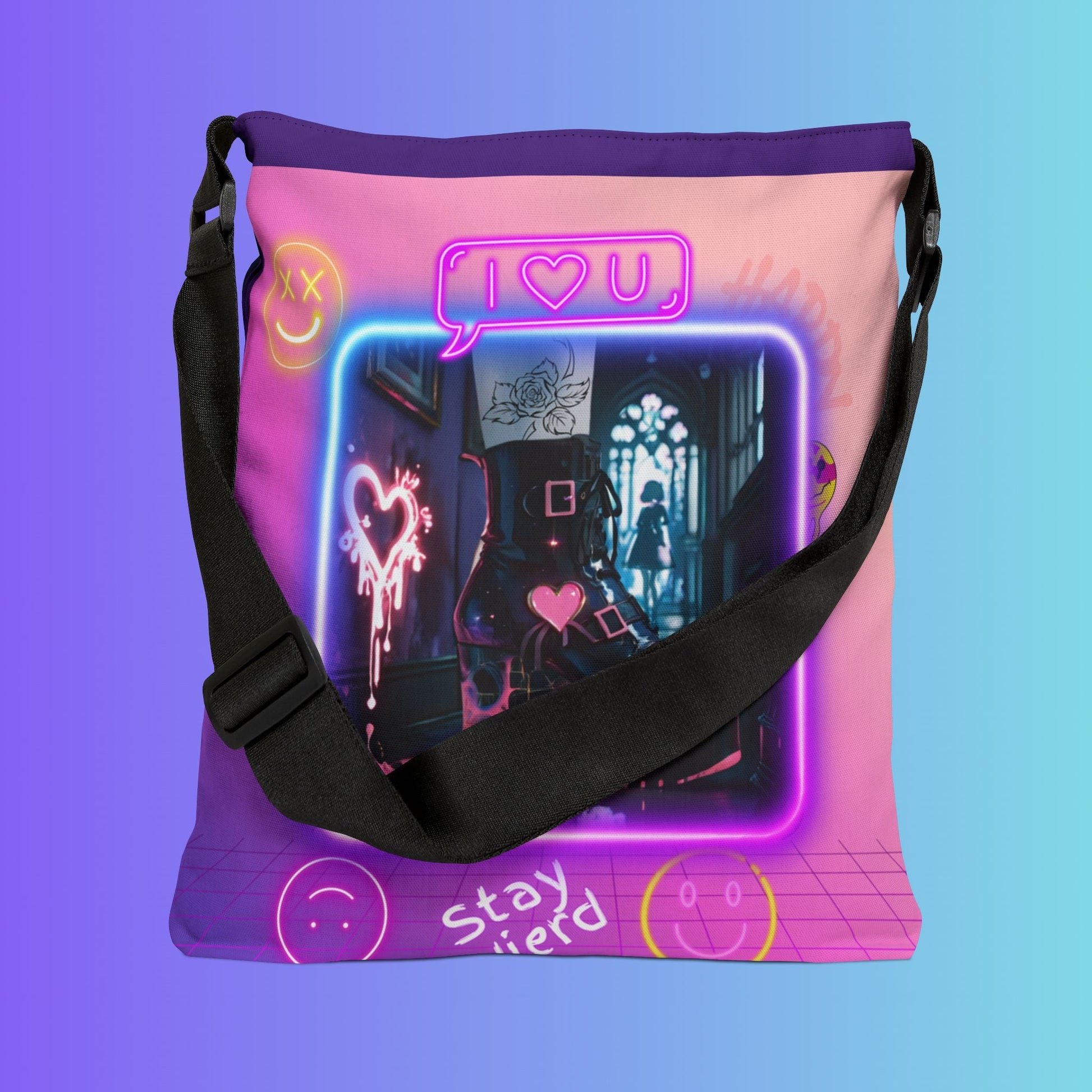 Neon Aesthetic Graphic Adjustable Tote Bag | Vaporwave Crown Stars Love Icons Printify