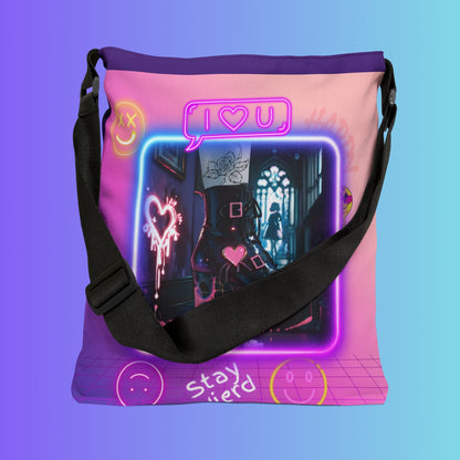 Neon Aesthetic Graphic Adjustable Tote Bag | Vaporwave Crown Stars Love Icons Printify