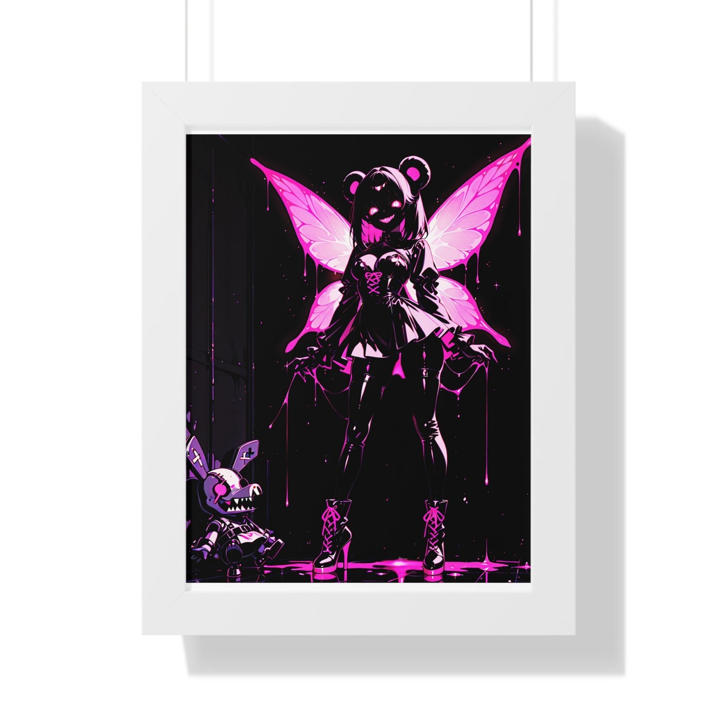 Framed Poster, Neon Pink Fairy Girl Art Print, Dark Vaporwave Wall Decor Printify