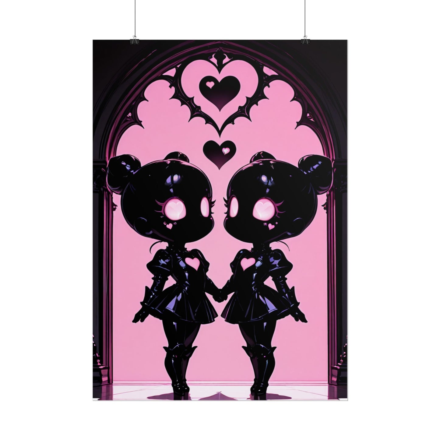 Rolled Poster, Gothic Kawaii Twin Dolls Pink Heart Art Print Printify