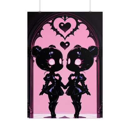 Rolled Poster, Gothic Kawaii Twin Dolls Pink Heart Art Print Printify