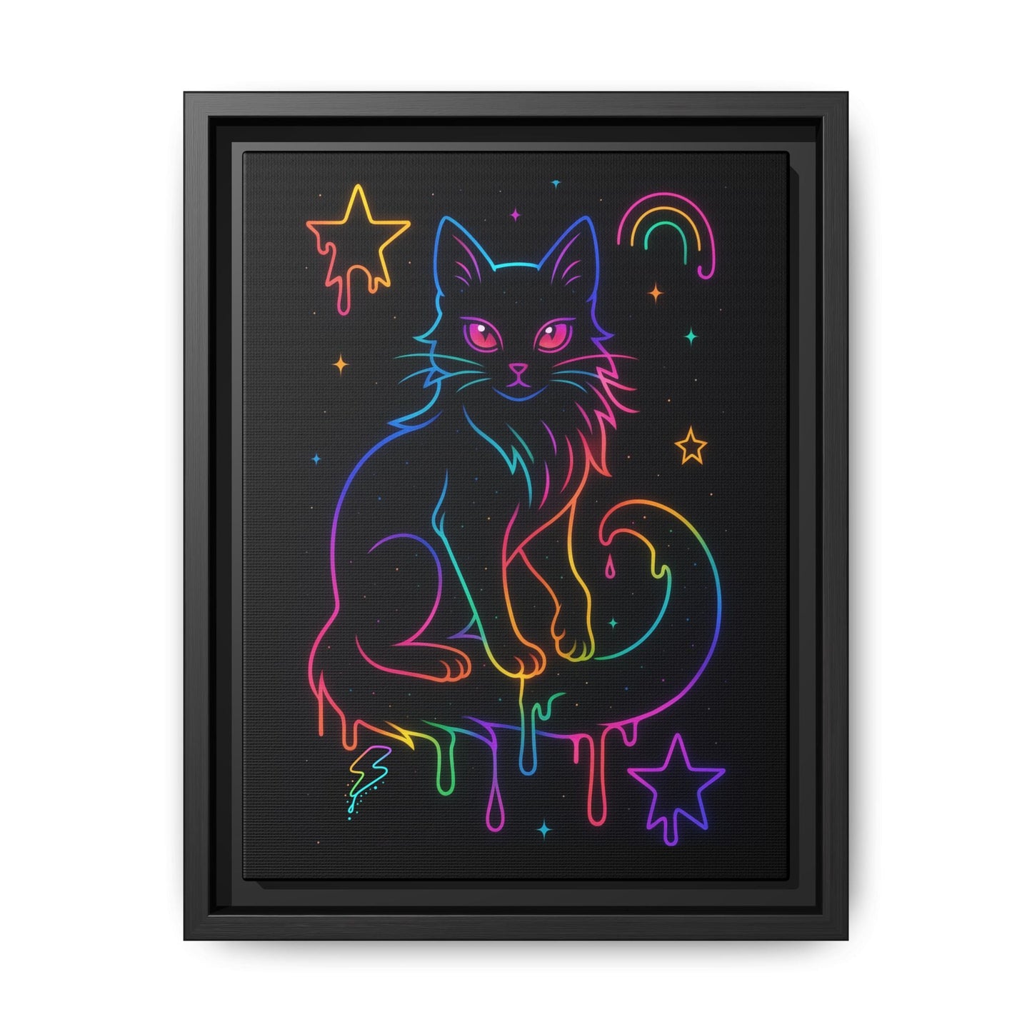 Neon Rainbow Cat Matte Canvas Framed | Dripping Stars Wall Art Printify