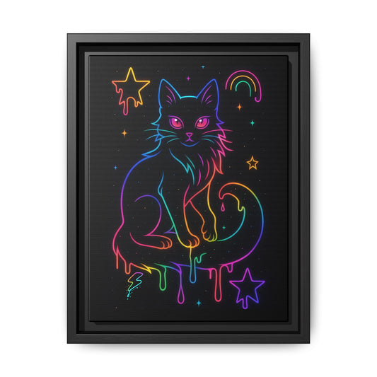 Neon Rainbow Cat Matte Canvas Framed | Dripping Stars Wall Art Printify