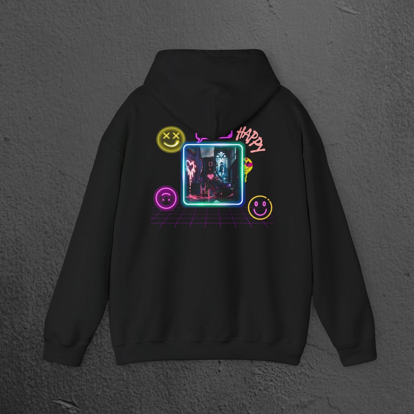 Neon Smiley Face Collage Hoodie Printify