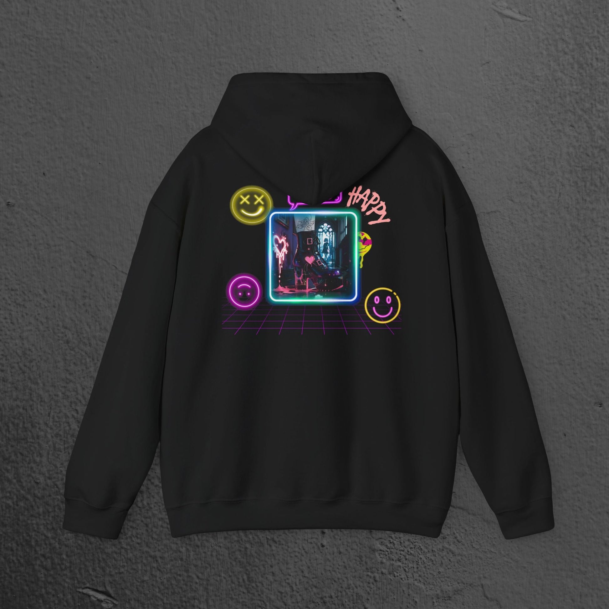 Neon Smiley Face Collage Hoodie Printify