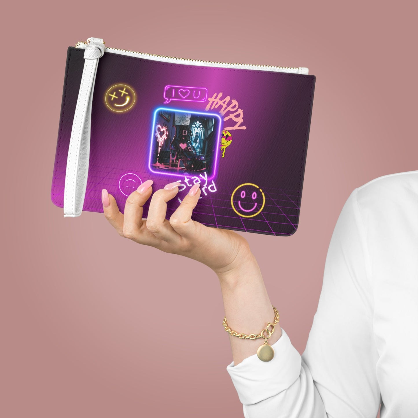 Neon Doodles Clutch Bag | Stay Weird, XOXO, Smiley Faces Printify