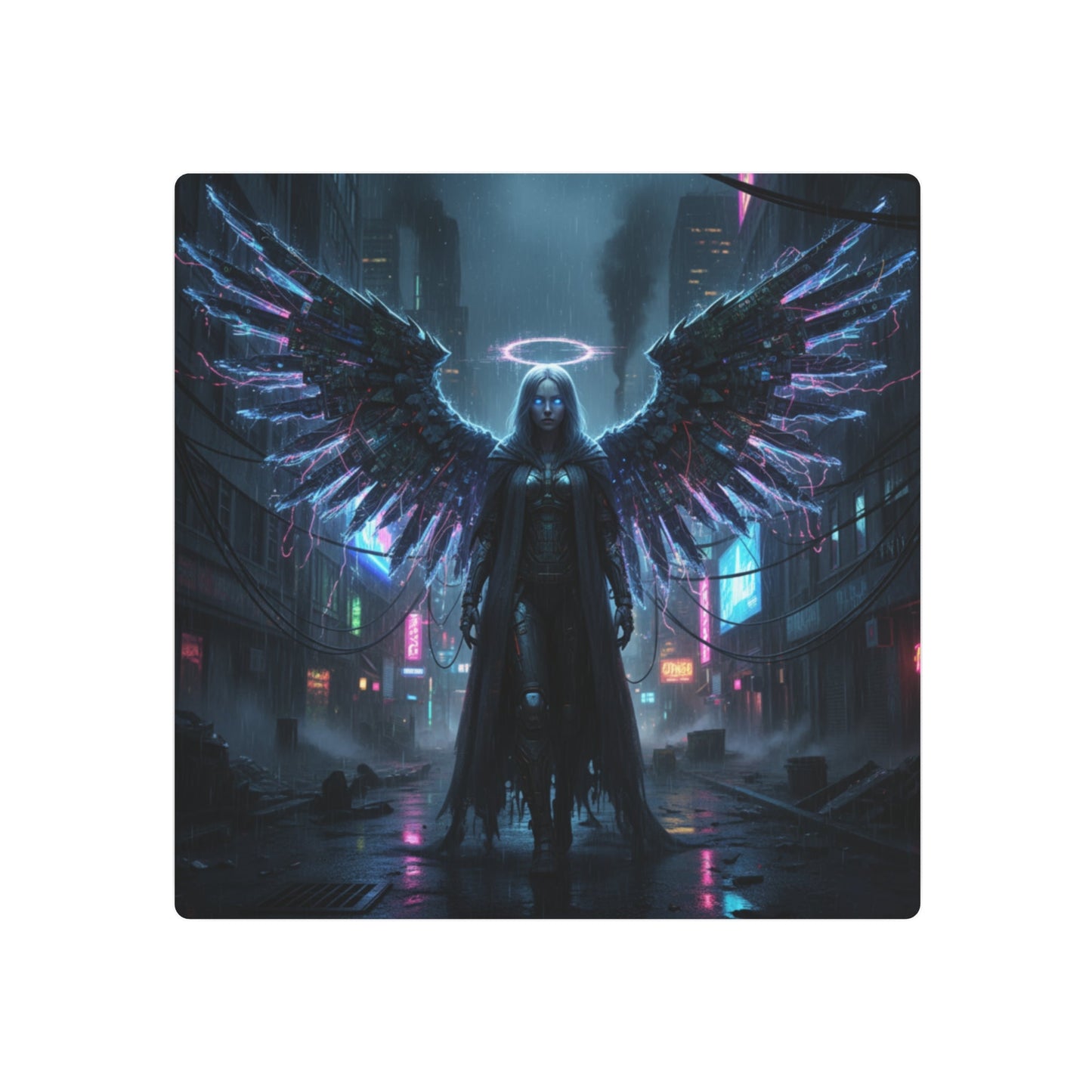 Neon Fallen Angel Metal Art Sign | Cyberpunk Winged Figure Printify