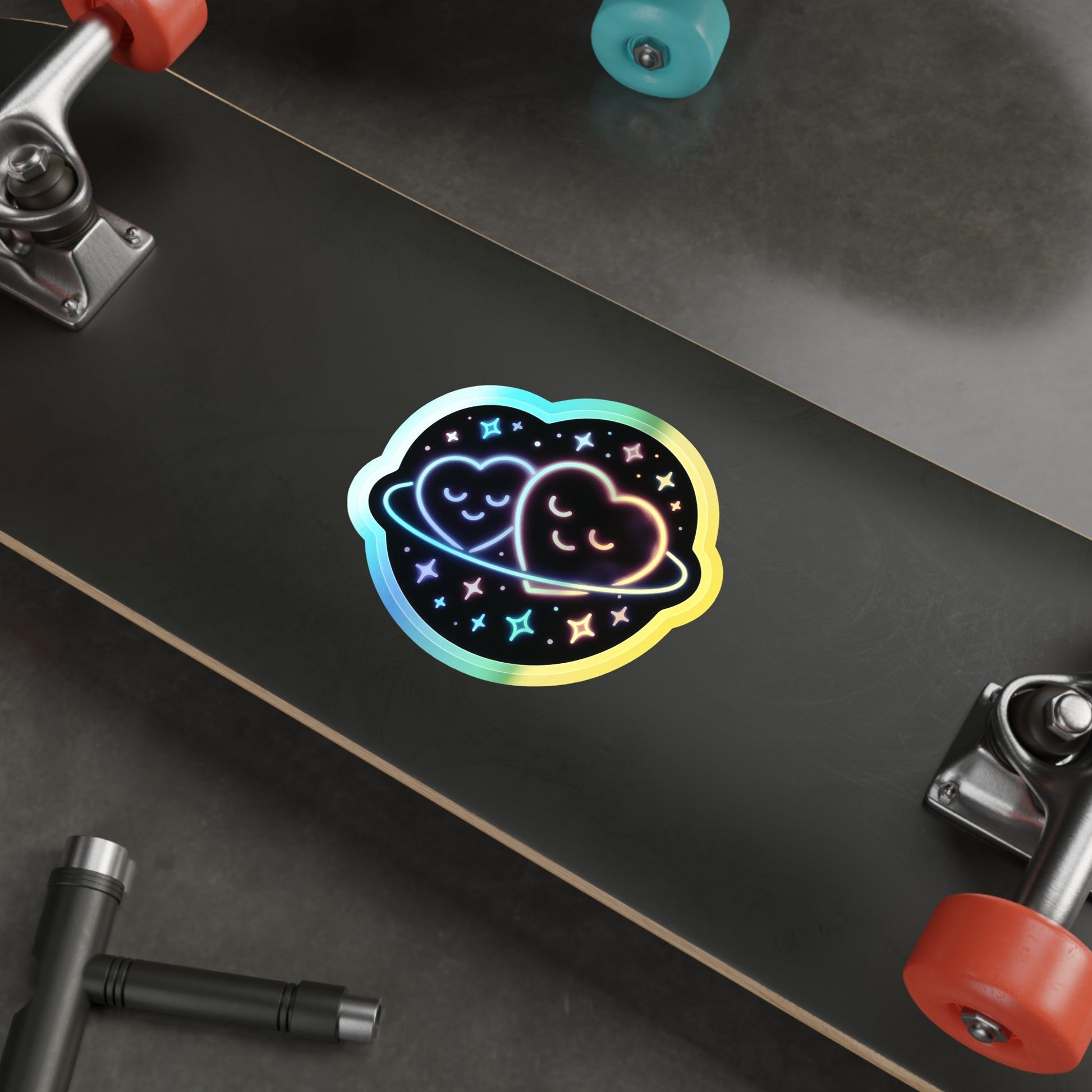Holographic Heart Planet Die-Cut Sticker, Cute Space Neon Vinyl Sticker Printify