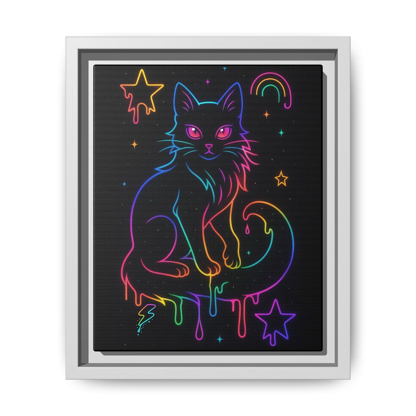Neon Rainbow Cat Matte Canvas Framed | Dripping Stars Wall Art Printify