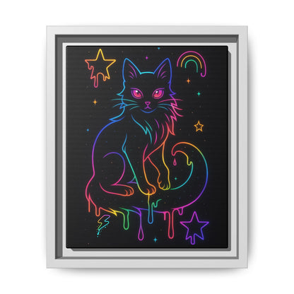 Neon Rainbow Cat Matte Canvas Framed | Dripping Stars Wall Art Printify