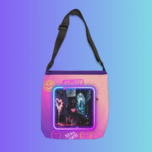 Neon Aesthetic Graphic Adjustable Tote Bag | Vaporwave Crown Stars Love Icons Printify