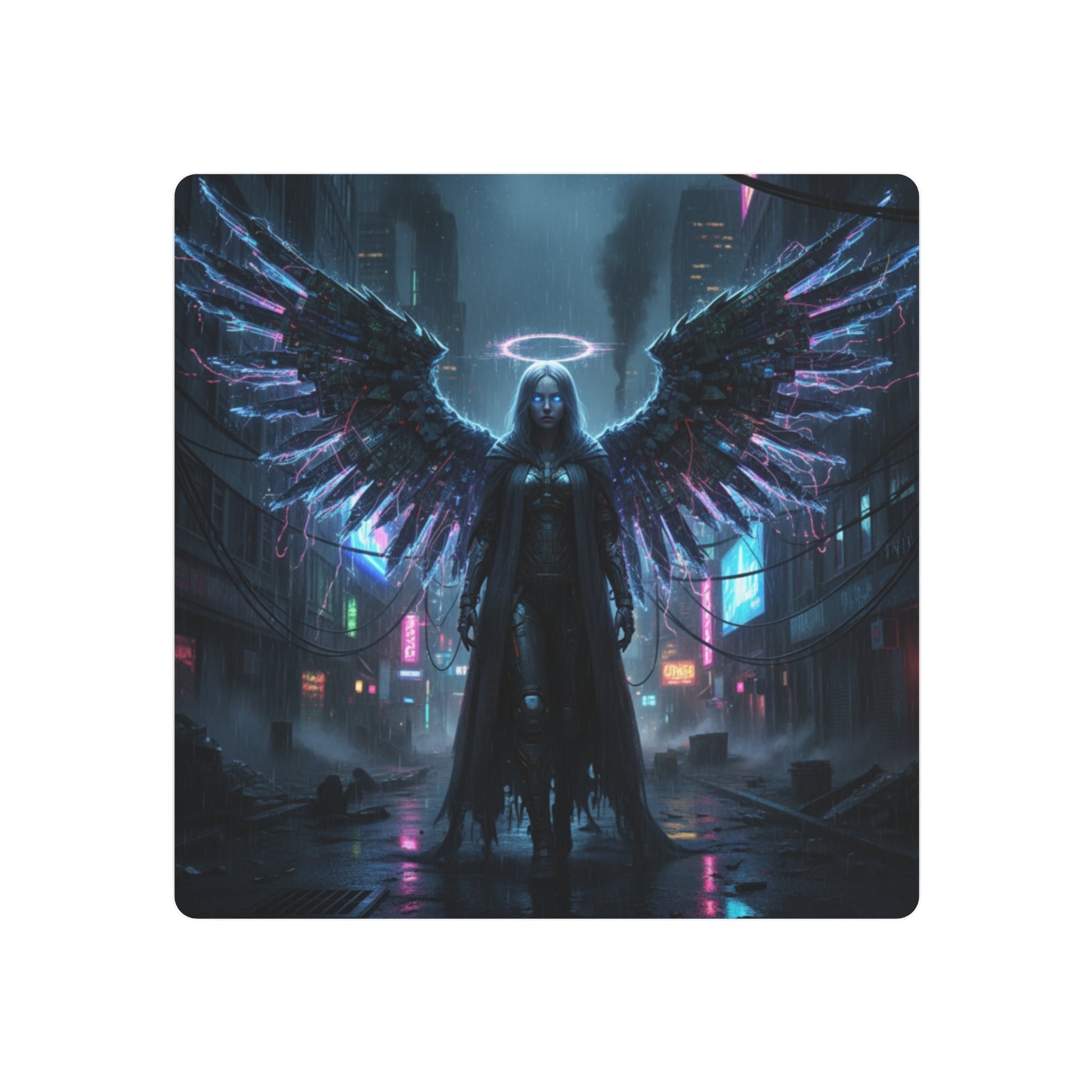 Neon Fallen Angel Metal Art Sign | Cyberpunk Winged Figure Printify