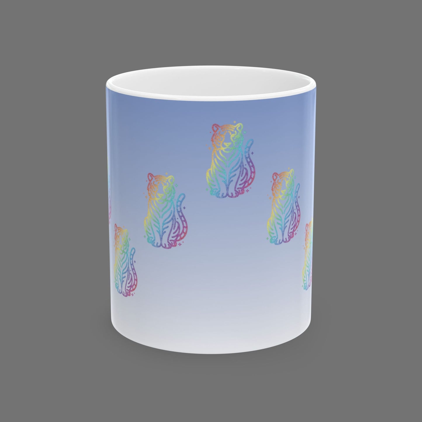 Rainbow Tiger Pattern Mug | Gradient Blue Background, Ceramic Coffee Cup Printify