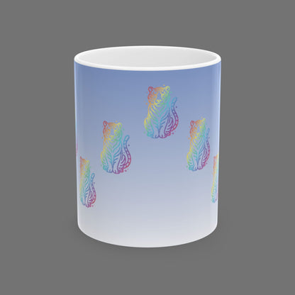 Rainbow Tiger Pattern Mug | Gradient Blue Background, Ceramic Coffee Cup Printify