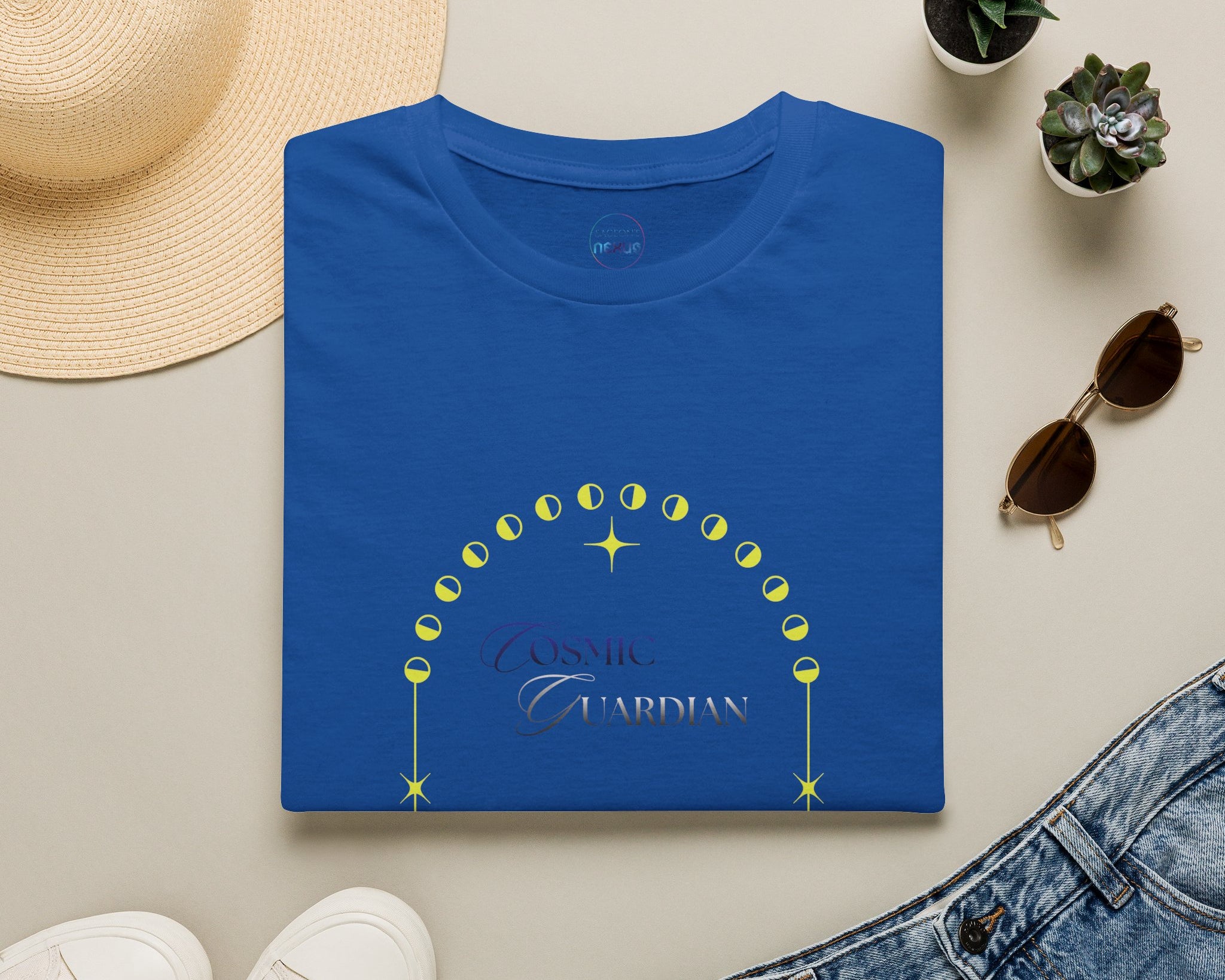 Cosmic Guardian T-Shirt — Mystical Cat Moon Phase Tee