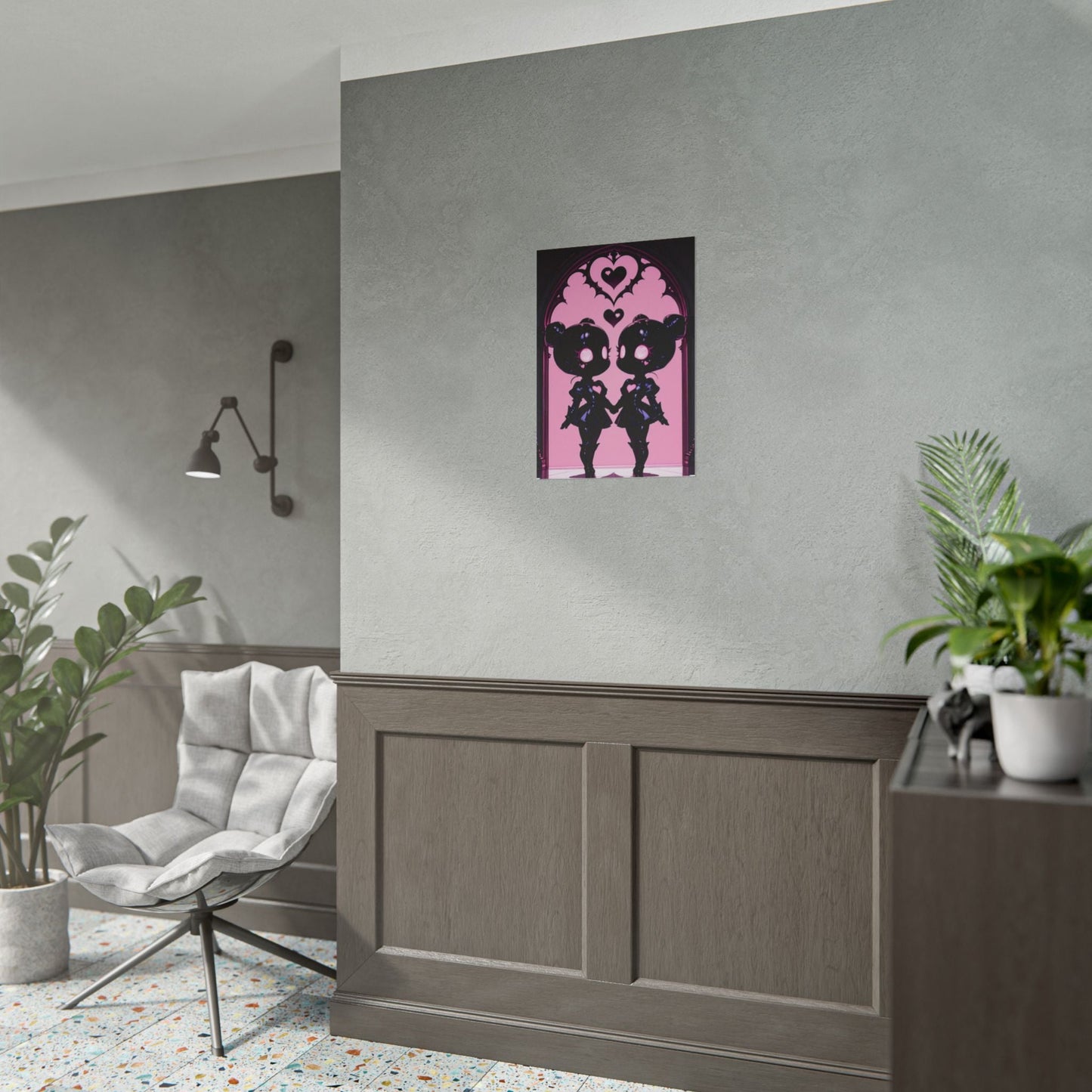 Rolled Poster, Gothic Kawaii Twin Dolls Pink Heart Art Print Printify