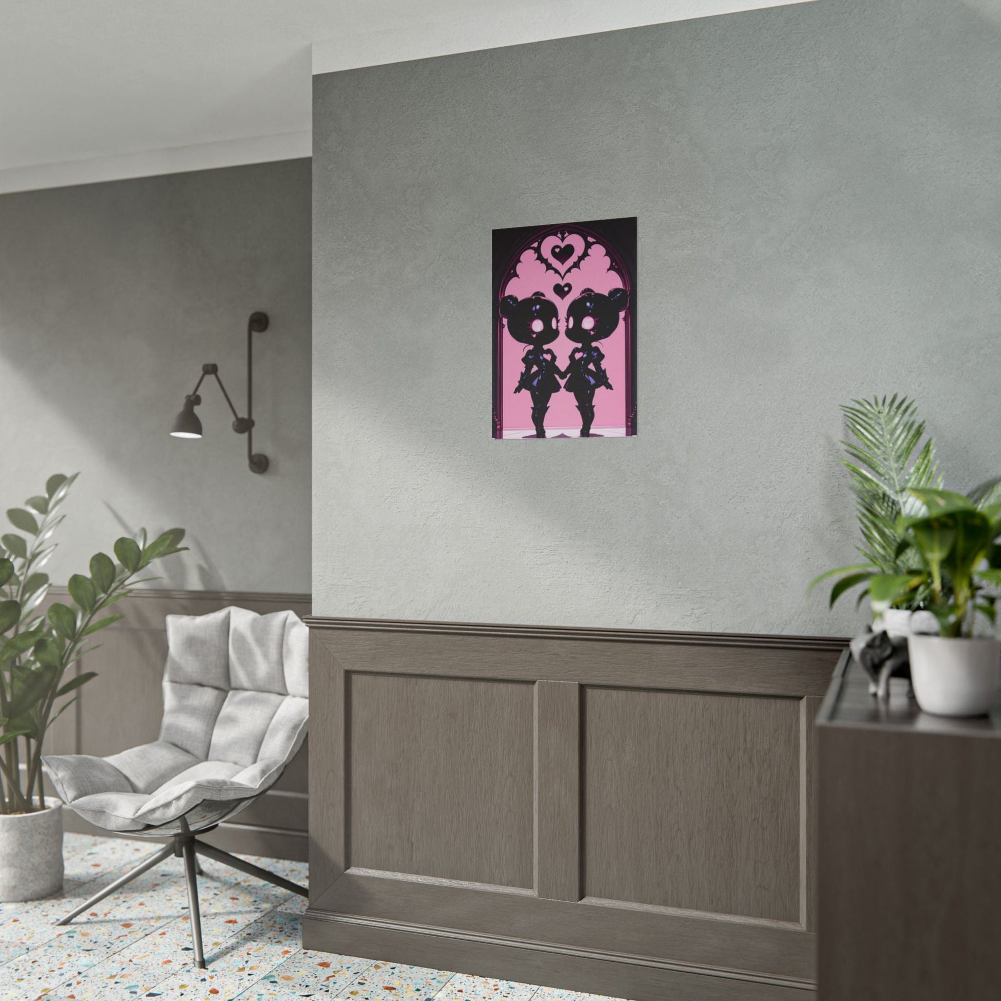 Rolled Poster, Gothic Kawaii Twin Dolls Pink Heart Art Print Printify