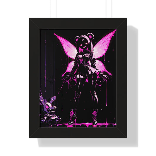 Framed Poster, Neon Pink Fairy Girl Art Print, Dark Vaporwave Wall Decor Printify